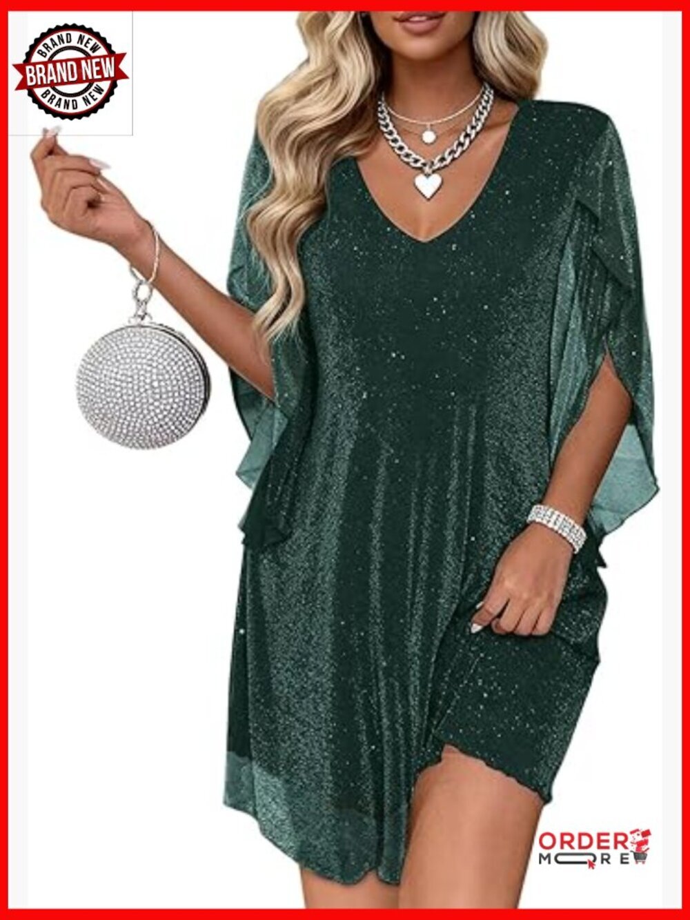 Flutter Sleeve Loose Chiffon Party Dress V-Neck Sparkly Knee-Length